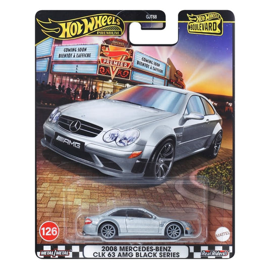 Hot Wheels 2008 Mercedes-Benz CLK 63 AMG Black Series toy car in packaging with a cityscape background.