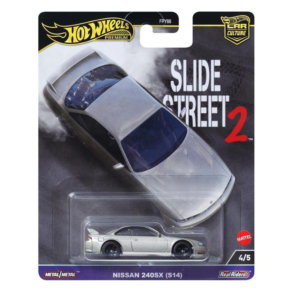 Hot Wheels Nissan 240SX S14 toy car in packaging with 'Slide Street 2' text