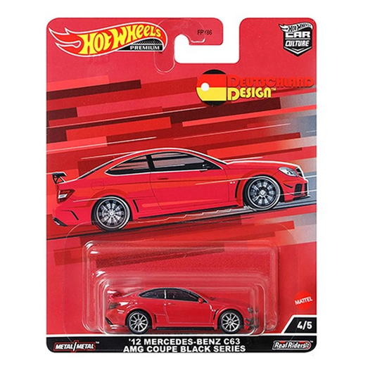 Hot Wheels '12 Mercedes-Benz C63 AMG Coupe Black Series toy car in packaging on a white background